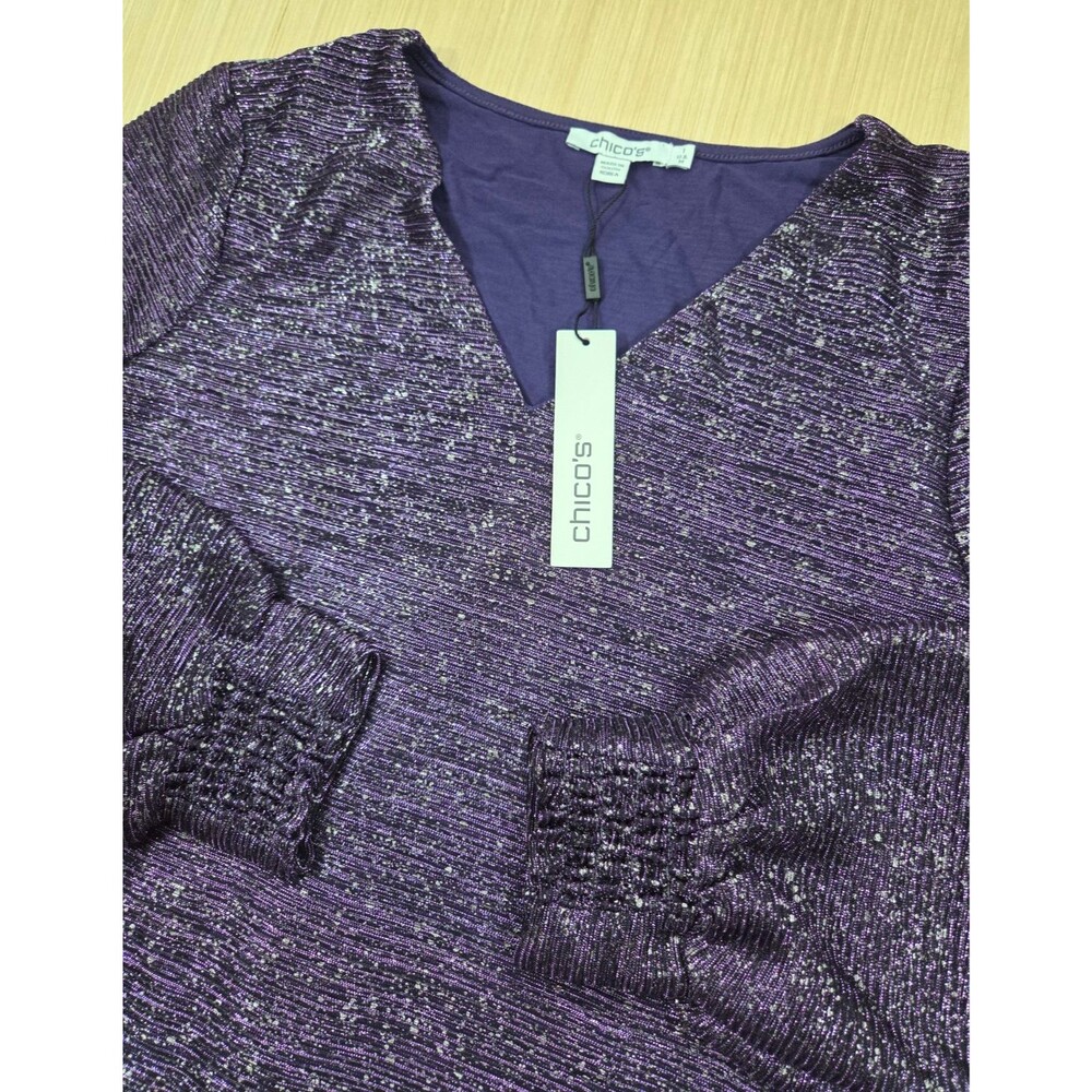 Chico's Foiled Bodre Purple Elixir Metallic Shimmer Lined Long Sleeve Blouse 1/M